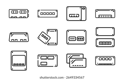 Collection of 12 Minimal Technology Line Icons Featuring Gadgets, Electronics, Devices, Computers, Smartphones, Wearables, and Digital Accessories for Modern Tech Design