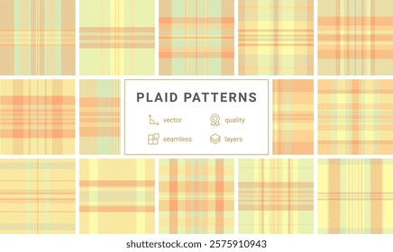 Collection of 12 pastel plaid patterns.  Seamless vector designs in soft peach, yellow, and mint green. Ideal for textile, fashion, and web design projects.