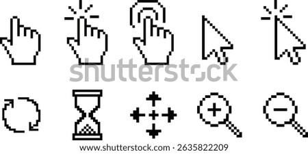 A collection of 12 pixel-style user interface icons in black and white, including various cursors (click, pointer, tap), hourglass, zoom, pan, and refresh symbols. Perfect for retro UI design, game de