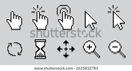 A collection of 12 pixel-style user interface icons in black and white, including various cursors (click, pointer, tap), hourglass, zoom, pan, and refresh symbols. Perfect for retro UI design, game de