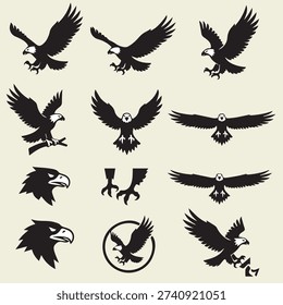Collection of 12 powerful eagle poses in clean flat vector style. Includes flying, diving, perched, landing, talons extended, head close-up, circular emblem version, and minimal geometric logo design. Symbolizing strength, freedom, leadership, and power. Isolated on light background with bold silhouette structure and balanced proportions. Perfect for logo design, sports teams, branding, emblems, military themes, patriotic graphics, and wildlife illustrations. High quality editable vector ready for commercial use.