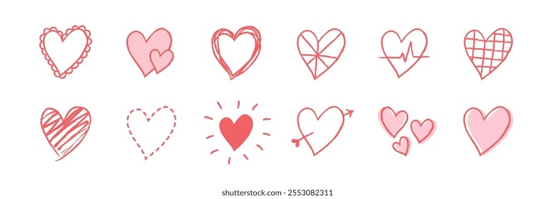 Collection of 12 red heart doodles. Each heart is unique, showcasing various styles. Hearts include patterns, and outlines. Perfect for love-themed projects. Cute hand drawn love doodle, set. Vectors.