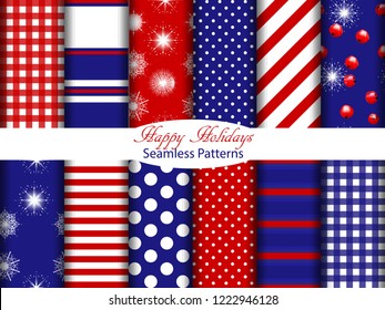 Collection of 12 seamless patterns with red, blue and white colors. Merry Christmas and Happy New Year set of winter holiday backgrounds, polka dots, stripes. Vector illustration.
