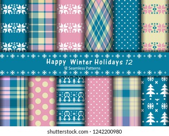 Collection of 12 seamless pixel patterns with tender pink, blue colors. Merry Christmas and Happy New Year and Valentines day, set of winter holiday backgrounds, polka dots. stripes and plaid