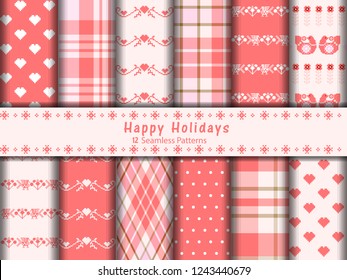Collection of 12 seamless pixel patterns with tender pink  colors. Merry Christmas and Happy New Year and Valentines day, set of winter holiday backgrounds, polka dots. stripes and plaid