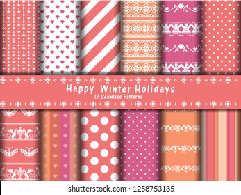 Collection of 12 seamless pixel patterns with tender pink  colors. Merry Christmas and Happy New Year and Valentines day, set of winter holiday backgrounds, polka dots. stripes and plaid