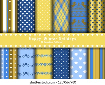 Collection of 12 seamless pixel patterns with tender blue and yellow colors. Merry Christmas and Happy New Year and Valentines day, set of winter holiday backgrounds, polka dots. stripes and plaid