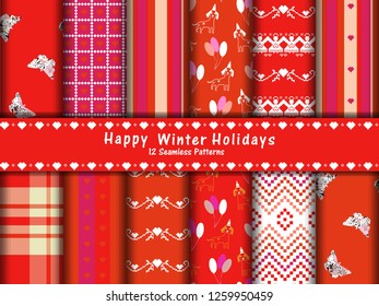 Collection of 12 seamless pixel patterns with orange, purple and pink  colors. Merry Christmas and Happy New Year and Valentines day, set of winter holiday backgrounds, polka dots. stripes and plaid
