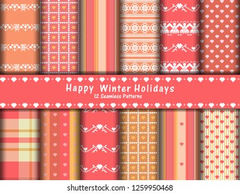 Collection of 12 seamless pixel patterns with tender pink  colors. Merry Christmas and Happy New Year and Valentines day, set of winter holiday backgrounds, polka dots. stripes and plaid