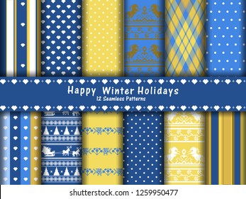 Collection of 12 seamless pixel patterns with tender blue and yellow  colors. Merry Christmas and Happy New Year and Valentines day, set of winter holiday backgrounds, polka dots. stripes and plaid