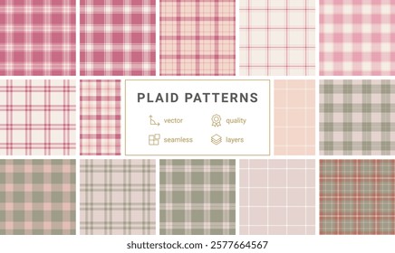 Collection of 12 seamless plaid patterns in soft pink, rose, and sage green.  Perfect for textile design, fashion, website backgrounds, and crafting projects.