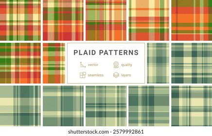 Collection of 12 seamless plaid patterns.  Vibrant autumnal and earthy green tones. Perfect for textile design, fabric prints, and fallthemed projects.