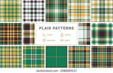 Collection of 12 seamless plaid patterns in various green, gold, and brown hues.  Perfect for textile design, web backgrounds, or crafting projects.