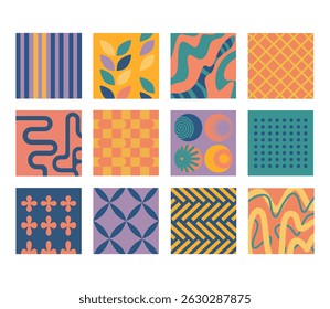 Coleção de 12 padrões quadrados geométricos únicos sem costura. Bright desenhos abstratos coloridos adequados para têxteis, fundos, embalagem e uso da web.