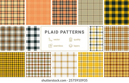 Collection of 12 seamless vector plaid patterns.  Perfect for textile design, web backgrounds, and more.  Highquality, layered files for easy editing.