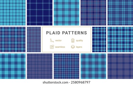 Collection of 12 seamless vector plaid patterns in teal and navy. Perfect for textile design, apparel, web backgrounds, and more. Highquality, layered files for easy customization.