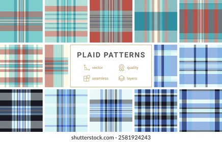 Collection of 12 seamless vector plaid patterns in various colors and styles. Perfect for textile design, apparel, web backgrounds, and more. Highquality, easily editable layers.