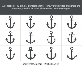 A collection of 12 silhouette Nautical Anchor Icons Maritime Symbols, Nautical Designs