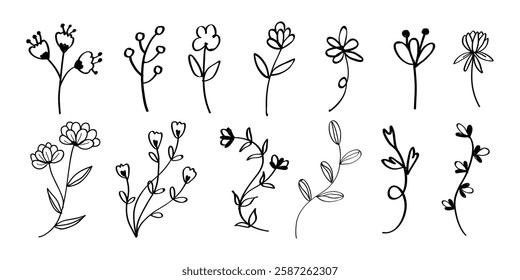 Collection of 12 simple floral line drawings. Each flower is unique, showcasing minimalist design. Perfect for floral art, floral tattoos, or floral decor. Spring flower illustrations, vector set.