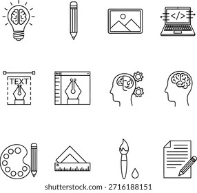 A collection of 12 simple line art icons representing various creative and development tools, including light bulb, pencil, laptop, and art supplies, ideal for design and tech projects.
