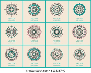 Collection of 12 simple mandalas. Round ornament pattern set. Hand drawn illustration. Vector background.