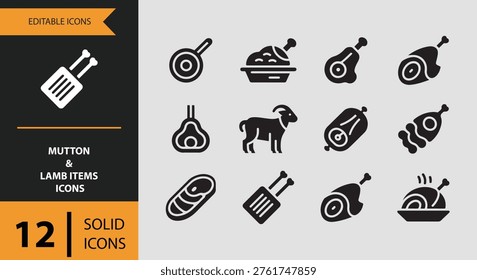 A collection of 12 solid icons featuring mutton and lamb items, including meats, a goat, and cooking utensils, in black on gray background