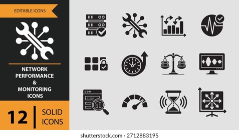 A collection of 12 solid icons representing network performance and monitoring concepts, presented isolated on a white background.