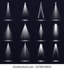 Collection of 12 spotlight effects on a dark background. Each spotlight has a unique pattern, showcasing varied light beams and intensity. Overlay effect vector element set.