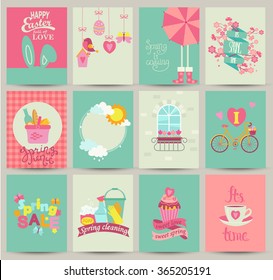 Collection of 12 Spring card templates.Spring Posters set. Vector illustration. Template for Greeting Scrapbooking, Congratulations, Invitations.