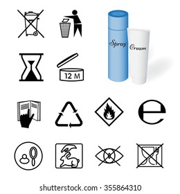 Collection of 12 symbols depicted on the packaging of cosmetics. Vector Illustration EPS10