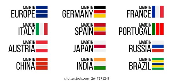 collection 12 symbols made in, european and asian countries vector labels set, national flags quality icon