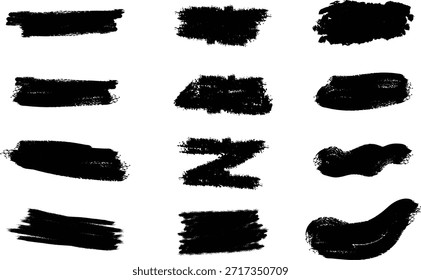 Una colección de 12 pinceladas negras únicas sobre un fondo blanco