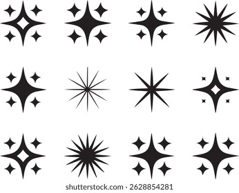 Collection of 12 unique black starburst and sparkle shape icons vector on white background