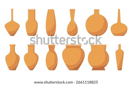 A collection of 12 unique clay pots with different shapes and styles. Perfect flat vector for craft, pottery, decoration, or cultural design needs.