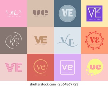 Collection of 12 unique and stylish VE logo designs. Perfect for branding, websites, and marketing materials.