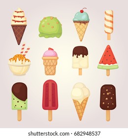 Collection of 12 vector cartoon ice cream illustrations. Summer food.