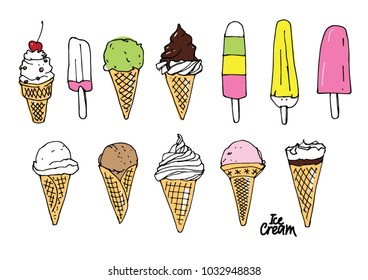 Collection of 12 vector ice cream illustrations isolated on white background. Vector illustration.