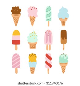 Collection of 12 vector ice cream illustrations isolated on white