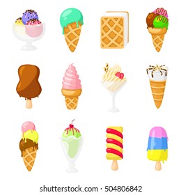 Collection of 12 vector ice cream illustrations isolated on white background. Funny cartoon style. Ice cream collection, vector illustration. Eps10