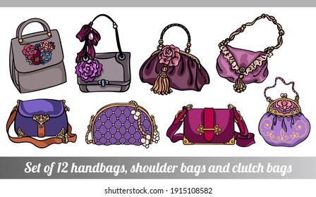 Colección de 12 ilustraciones vectoriales de bolsos femeninos elegantes en diversos tamaños, tipos y formas, en color púrpura y neutro, en estilo dibujado a mano para diseño personalizado, impresión, patrón, pegatinas.