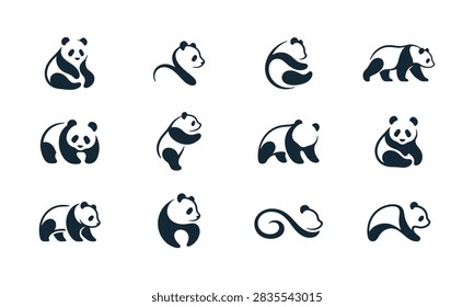 A collection of 12 vector minimalist panda bear icons featuring various poses, perfect for modern logo design, branding, and wildlife-themed creative projects.