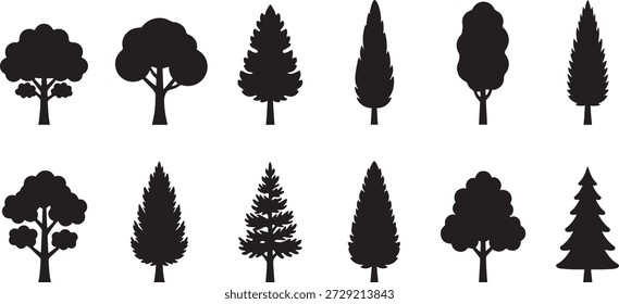 Eine Sammlung von 12 Vektorgrafik-Silhouetten-Baum-Designs, perfekt für Illustrationen und Designs im Zusammenhang mit Natur, Wald und Landschaft.