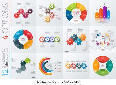Colección de 12 plantillas vectoriales para infografías con 4 opciones para presentaciones, publicidad, diseños e informes anuales.