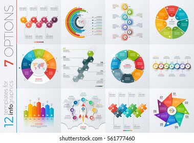 Collection of 12 vector templates for infographics with 7 options for presentations, advertising, layouts, annual reports