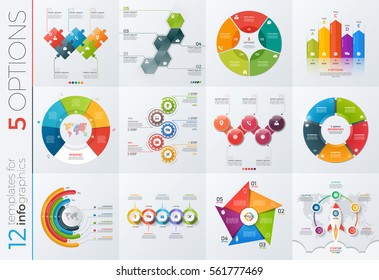 Collection of 12 vector templates for infographics with 5 options for presentations, advertising, layouts, annual reports.