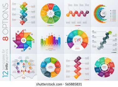 Collection of 12 vector templates for infographics with 8 options for presentations, advertising, layouts, annual reports.