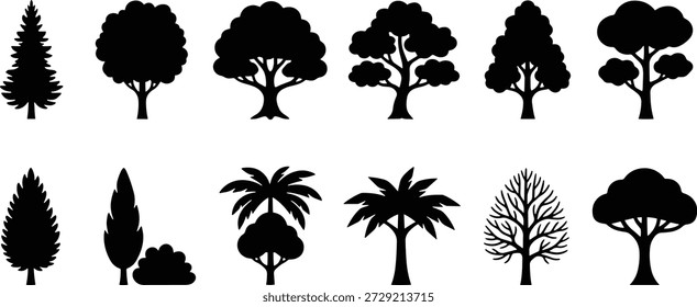 Eine Sammlung von 12 Silhouetten von Vektorbäumen, einschließlich Palmen, Kiefern und Laubbäumen, für Design- und Landschaftsprojekte