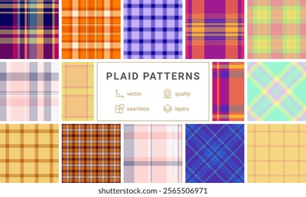 Collection of 12 vibrant plaid patterns.  Seamless vector designs in diverse colors  styles, perfect for textiles, fashion, web design, and more. High-quality, layered files for easy editing.