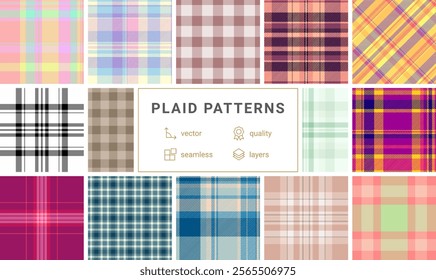 Collection of 12 vibrant plaid patterns.  Seamless vector designs in various colors  styles, perfect for textile prints, web backgrounds, or apparel design. High-quality layered files included.