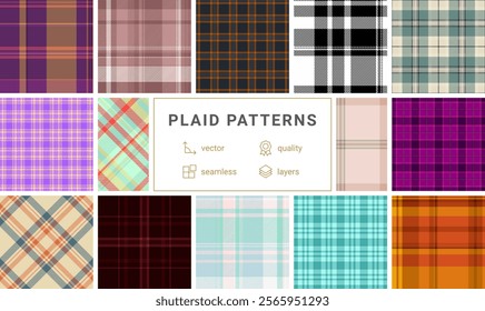 Collection of 12 vibrant plaid patterns.  Seamless vector designs in various colors  styles, perfect for textile prints, web backgrounds, or fashion design. High-quality layered files for easy editing